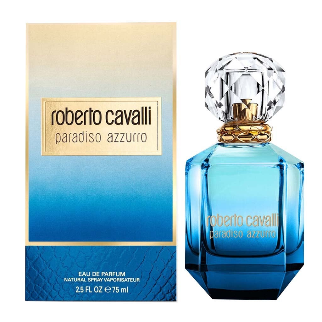 Roberto Cavalli Paradiso Azzurro Eau de Parfum 75mL bottle and box