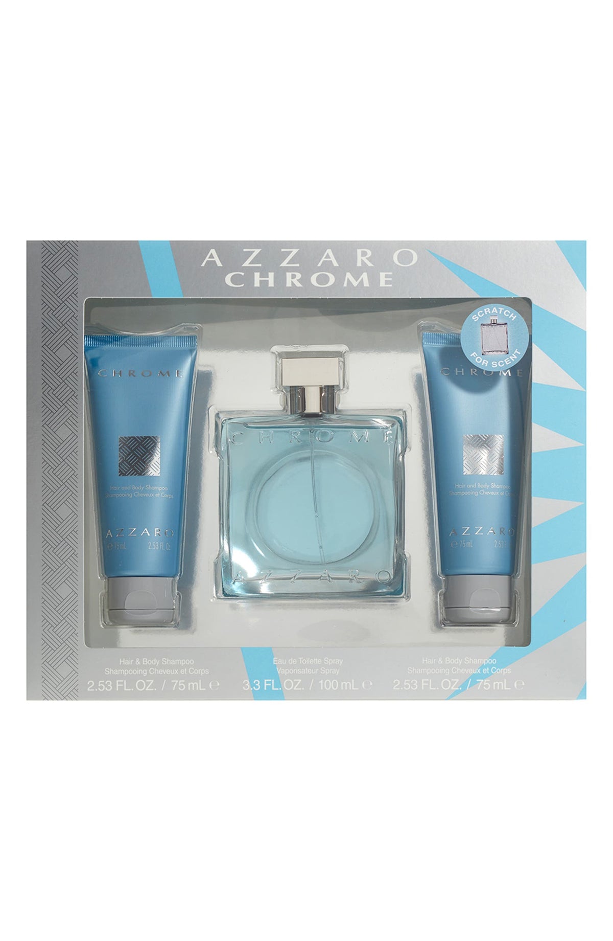 Azzaro Chrome Eau de Toilette Gift Set with 100mL EDT and two 75mL hair and body shampoos