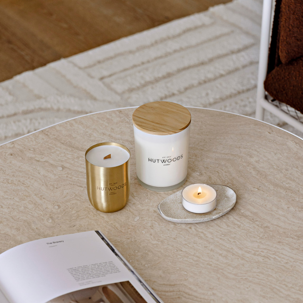 Hutwoods Grapefruit & Chamomile Brass Vessel Candle Extra Large 200+ Hours Burn Time lifestyle image 5