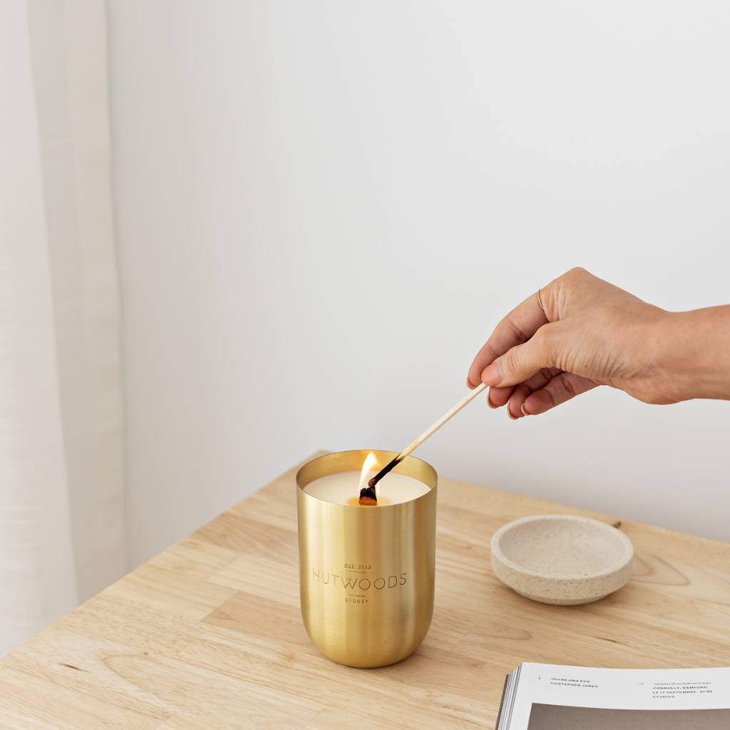 Hutwoods Grapefruit & Chamomile Brass Vessel Candle Extra Large 200+ Hours Burn Time lifestyle image 3