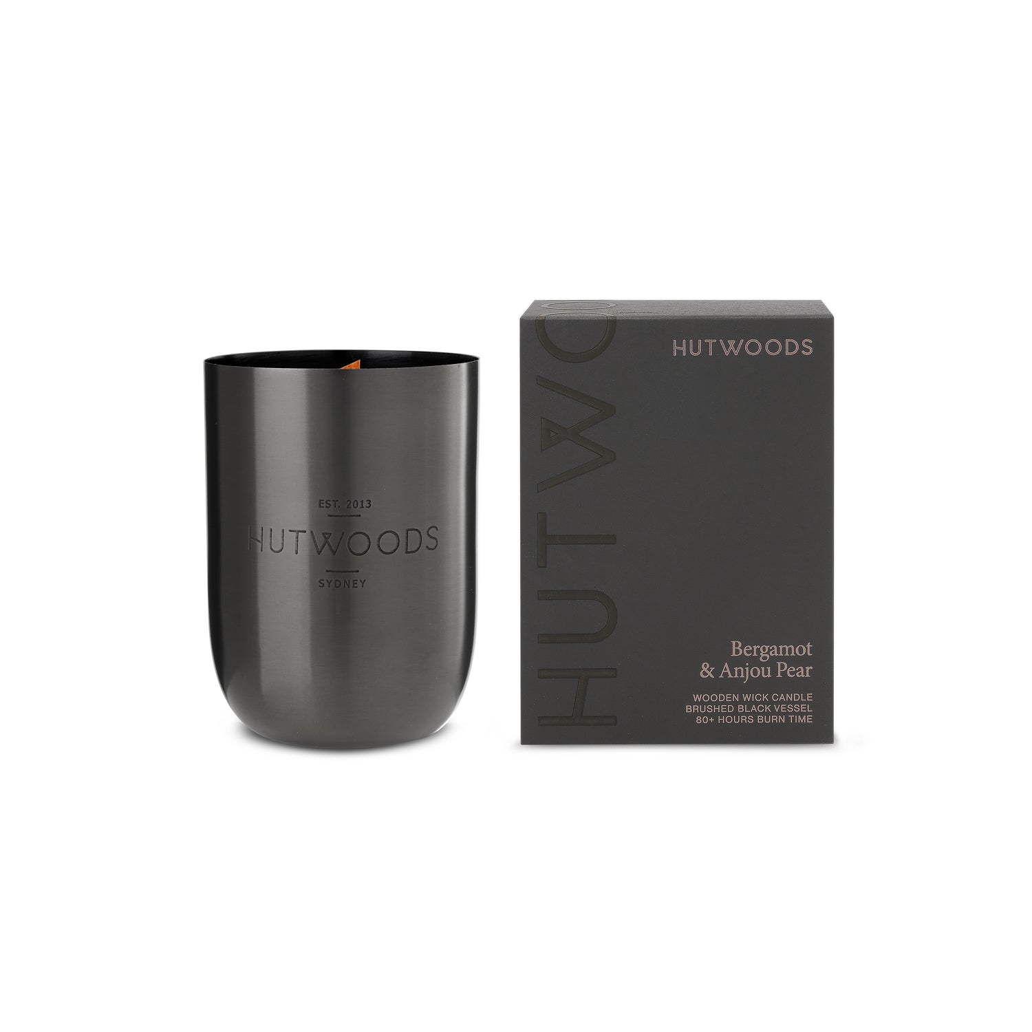 Hutwoods Bergamot & Anjou Pear Matte Black Vessel Candle 375g 80+ Hours Burn Time - The Perfume Company