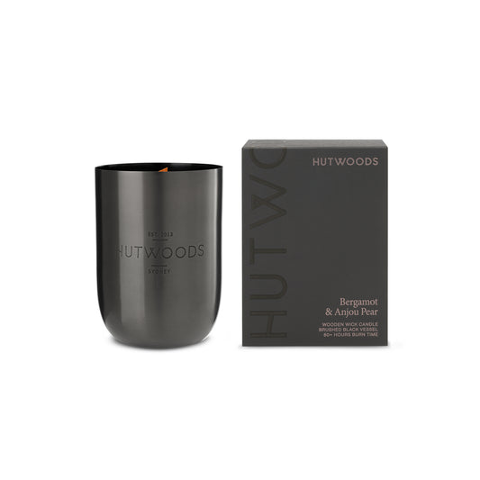 Hutwoods Bergamot & Anjou Pear Matte Black Vessel Candle 375g 80+ Hours Burn Time - The Perfume Company