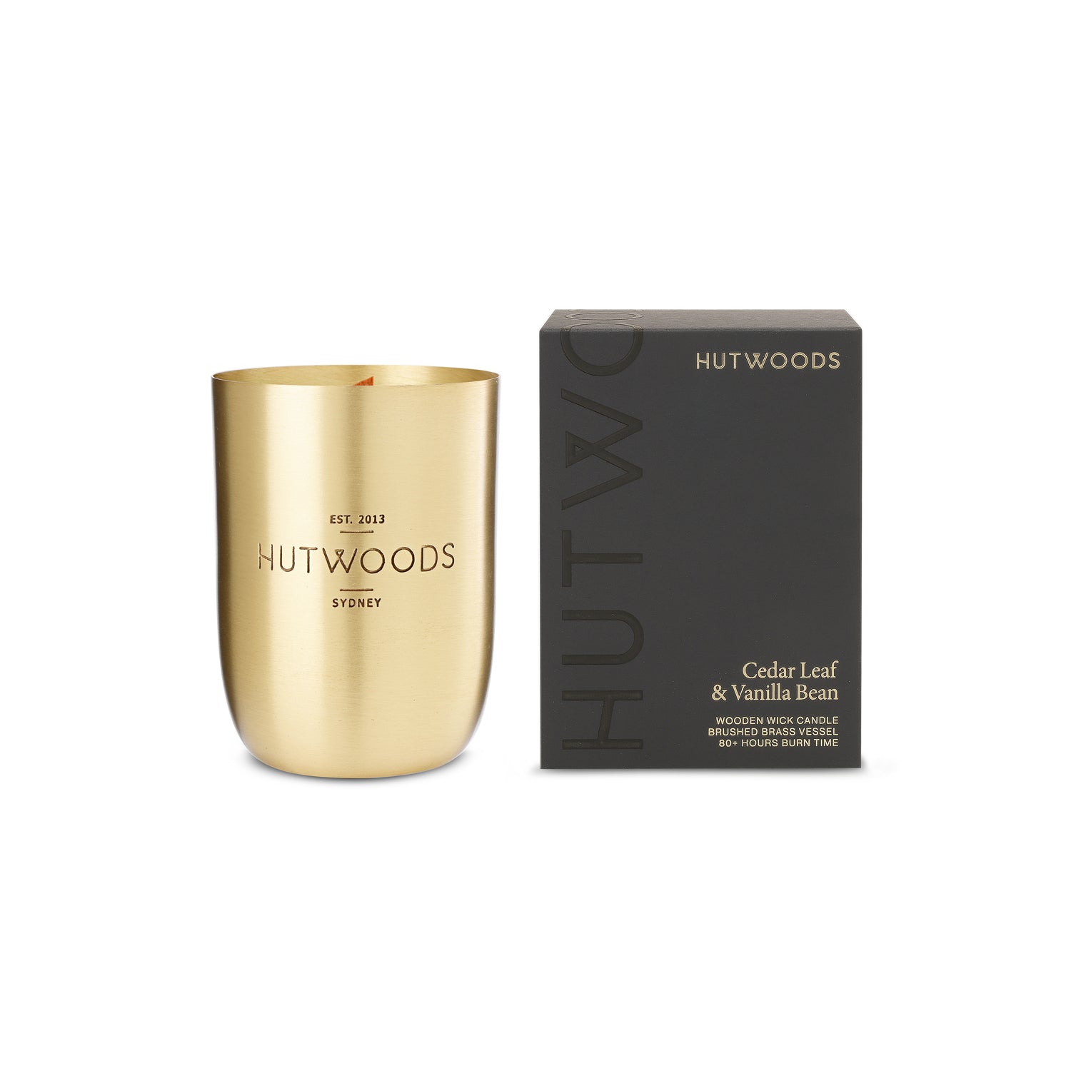 Hutwoods Cedar Leaf & Vanilla Bean Brass Vessel Candle 375g 80+ Hours Burn Time - The Perfume Company