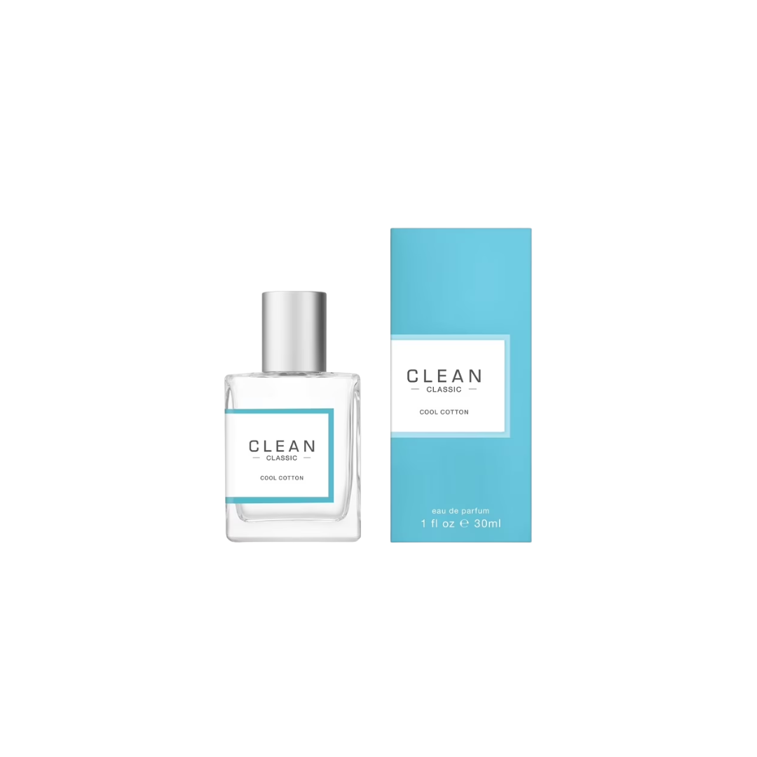 Clean perfume bottle and packaging on a white background