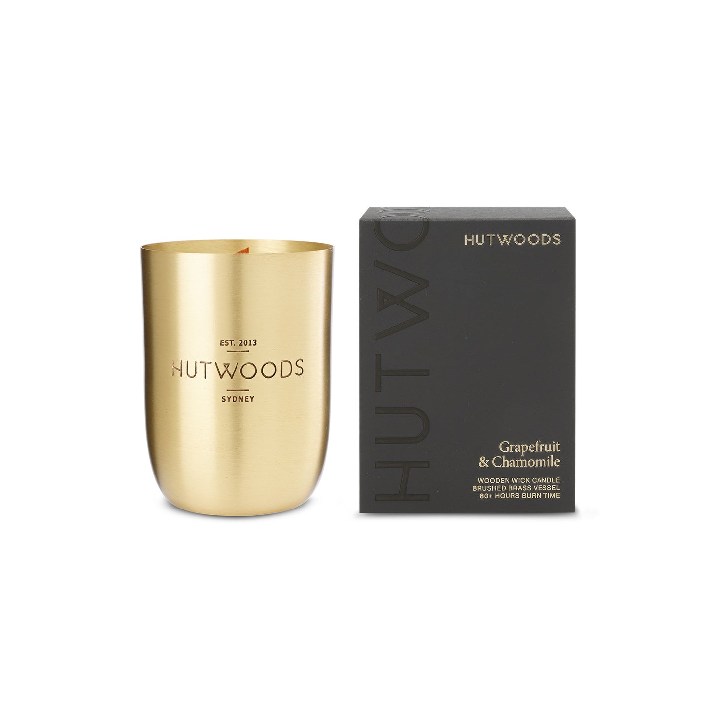 Hutwoods Grapefruit & Chamomile Brass Vessel Candle 375g 80+ Hours Burn Time - The Perfume Company