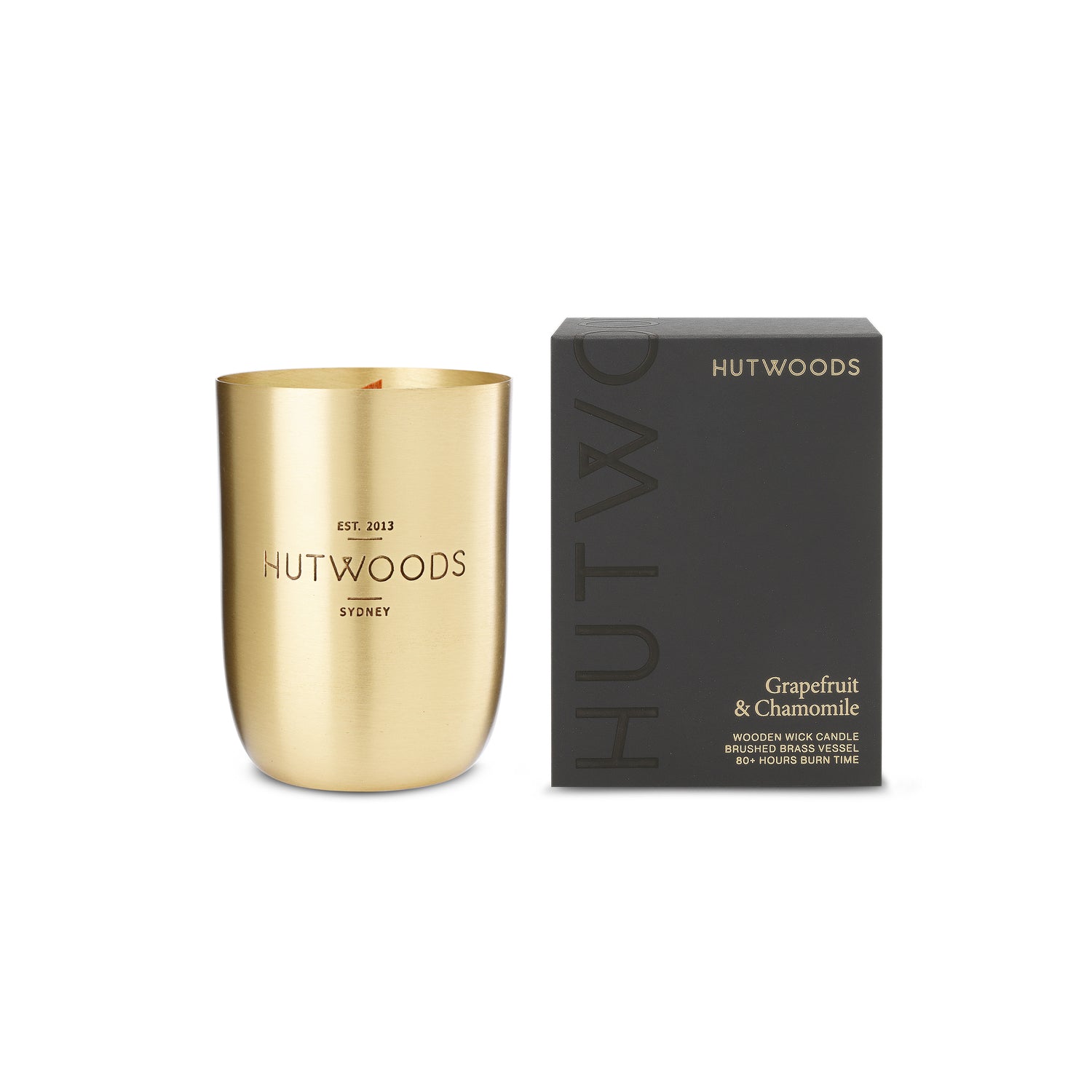 Hutwoods Grapefruit & Chamomile Brass Vessel Candle 375g 80+ Hours Burn Time - The Perfume Company