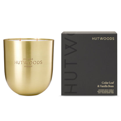 Hutwoods Cedar Leaf & Vanilla Bean Brass Vessel Candle Extra Large 200+ Hours Burn Time - The Perfume Company