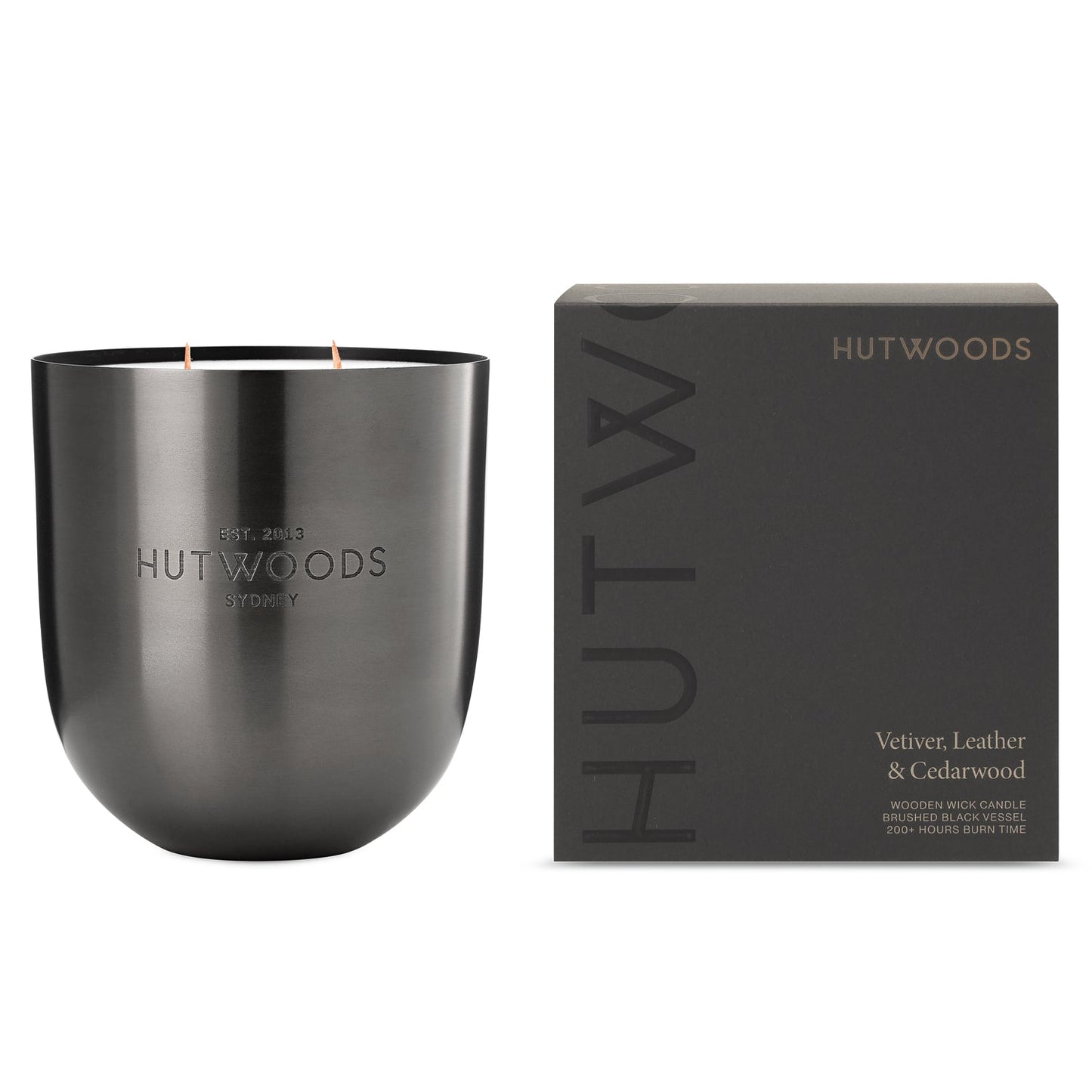 Hutwoods Vetiver, Leather & Cedarwood Matte Black Vessel Candle Extra Large 200+ Hours Burn Time - The Perfume Company