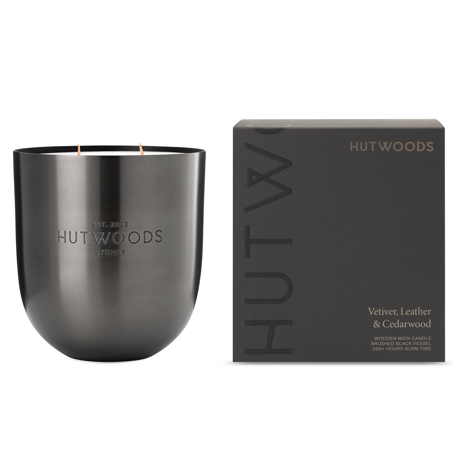 Hutwoods Vetiver, Leather & Cedarwood Matte Black Vessel Candle Extra Large 200+ Hours Burn Time - The Perfume Company