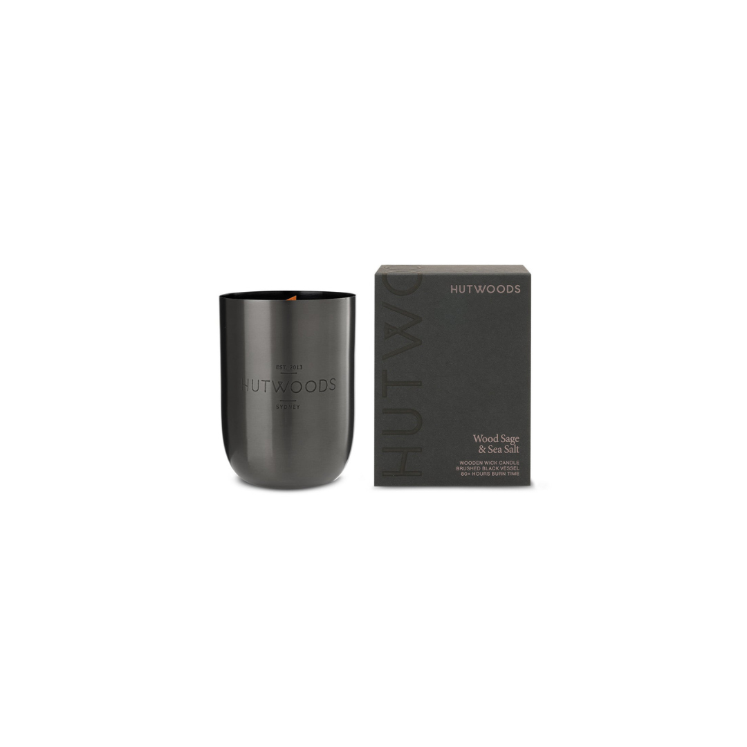 Hutwoods Wood Sage & Sea Salt Matte Black Vessel Candle 375g 80+ Hours Burn Time - The Perfume Company