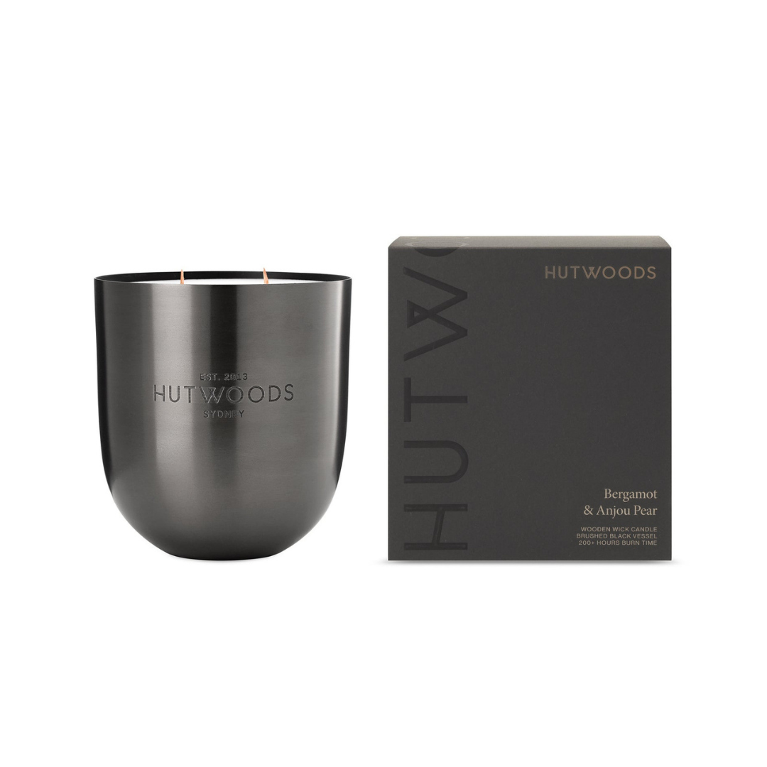 Hutwoods Bergamot & Anjou Pear Matte Black Vessel Candle Extra Large 200+ Hours Burn Time - The Perfume Company