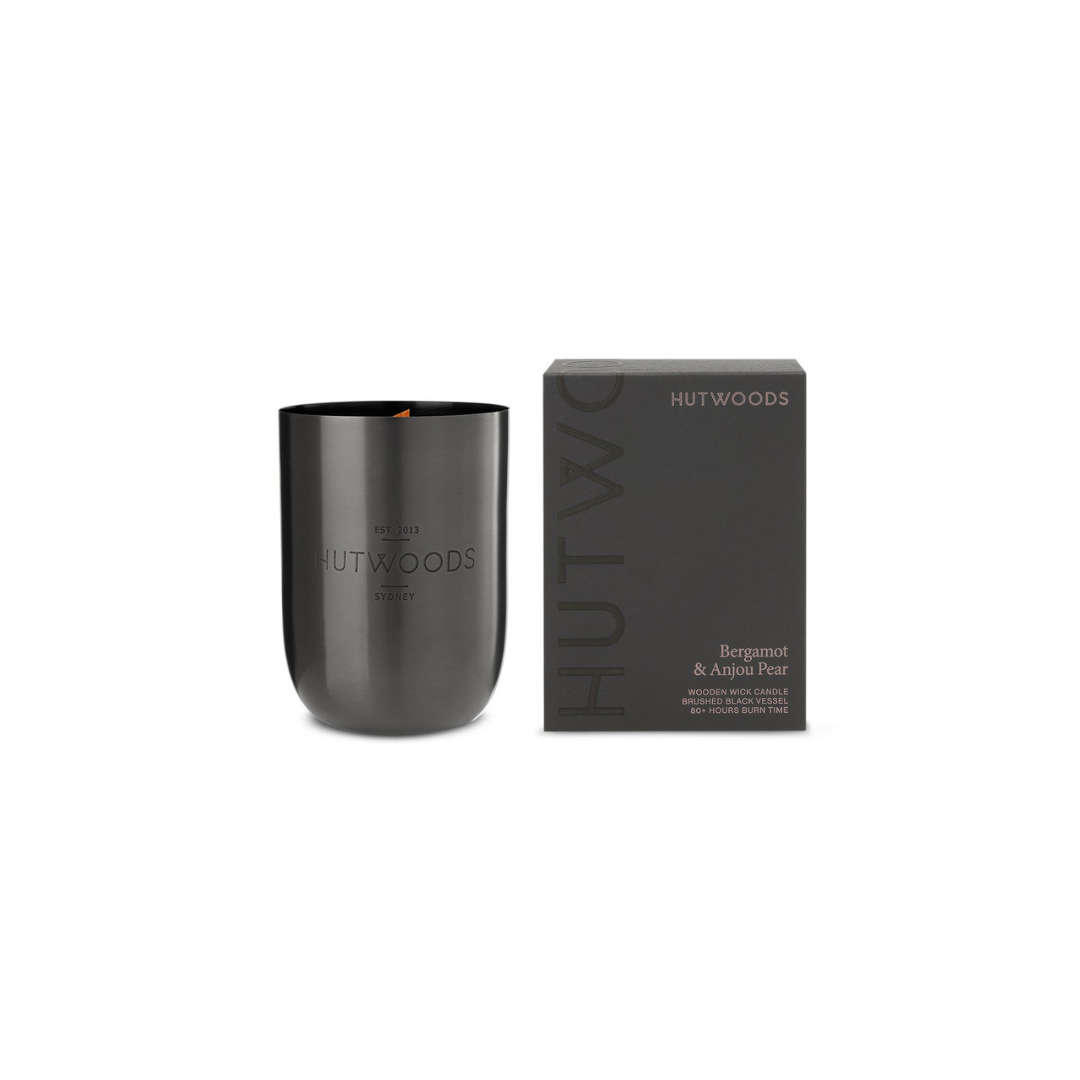 Hutwoods Bergamot & Anjou Pear Matte Black Vessel Candle 375g 80+ Hours Burn Time - The Perfume Company