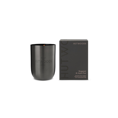 Hutwoods Bergamot & Anjou Pear Matte Black Vessel Candle 375g 80+ Hours Burn Time - The Perfume Company