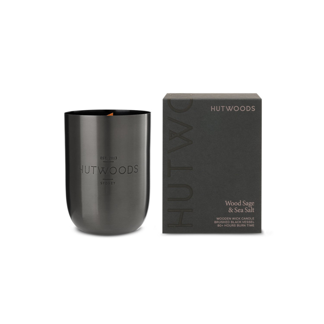 Hutwoods Wood Sage & Sea Salt Matte Black Vessel Candle Extra Large 200+ Hours Burn Time - The Perfume Company
