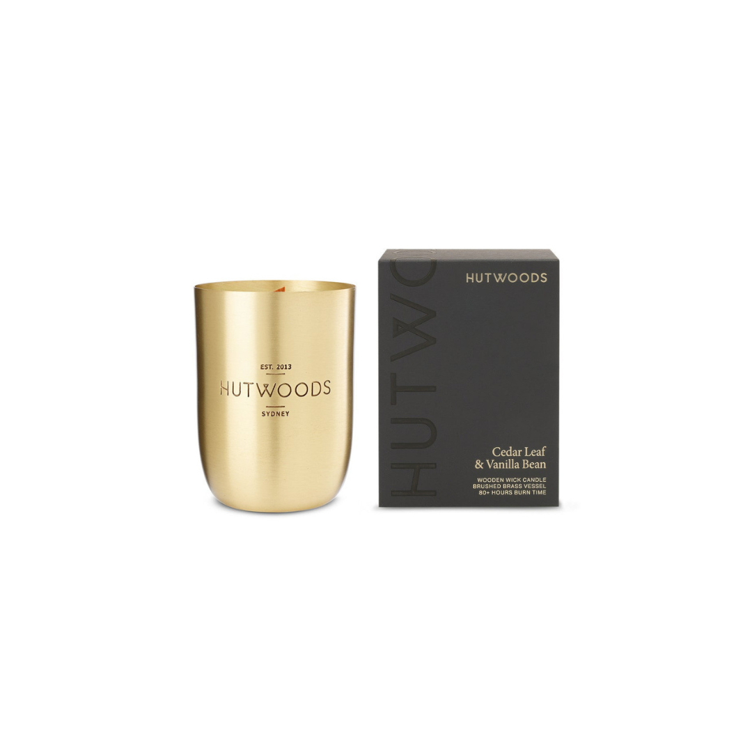 Hutwoods Cedar Leaf & Vanilla Bean Brass Vessel Candle 375g 80+ Hours Burn Time - The Perfume Company
