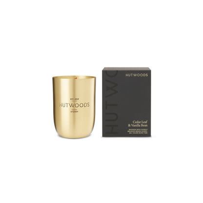Hutwoods Cedar Leaf & Vanilla Bean Brass Vessel Candle 375g 80+ Hours Burn Time - The Perfume Company
