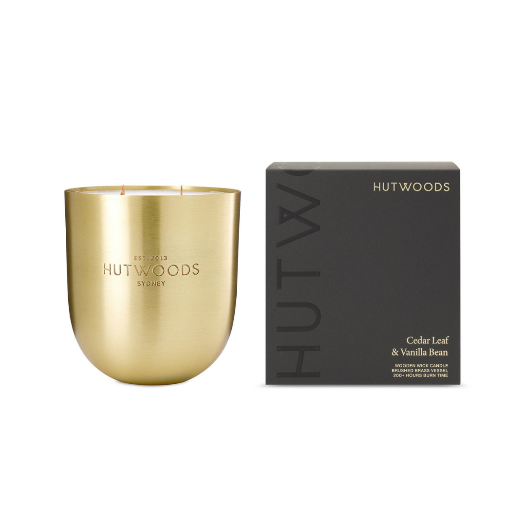 Hutwoods Cedar Leaf & Vanilla Bean Brass Vessel Candle Extra Large 200+ Hours Burn Time - The Perfume Company