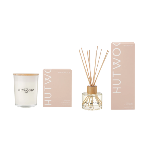 Hutwoods Champagne & Strawberries Large Candle 500g & Reed Diffuser 200mL Bundle - The Perfume Company