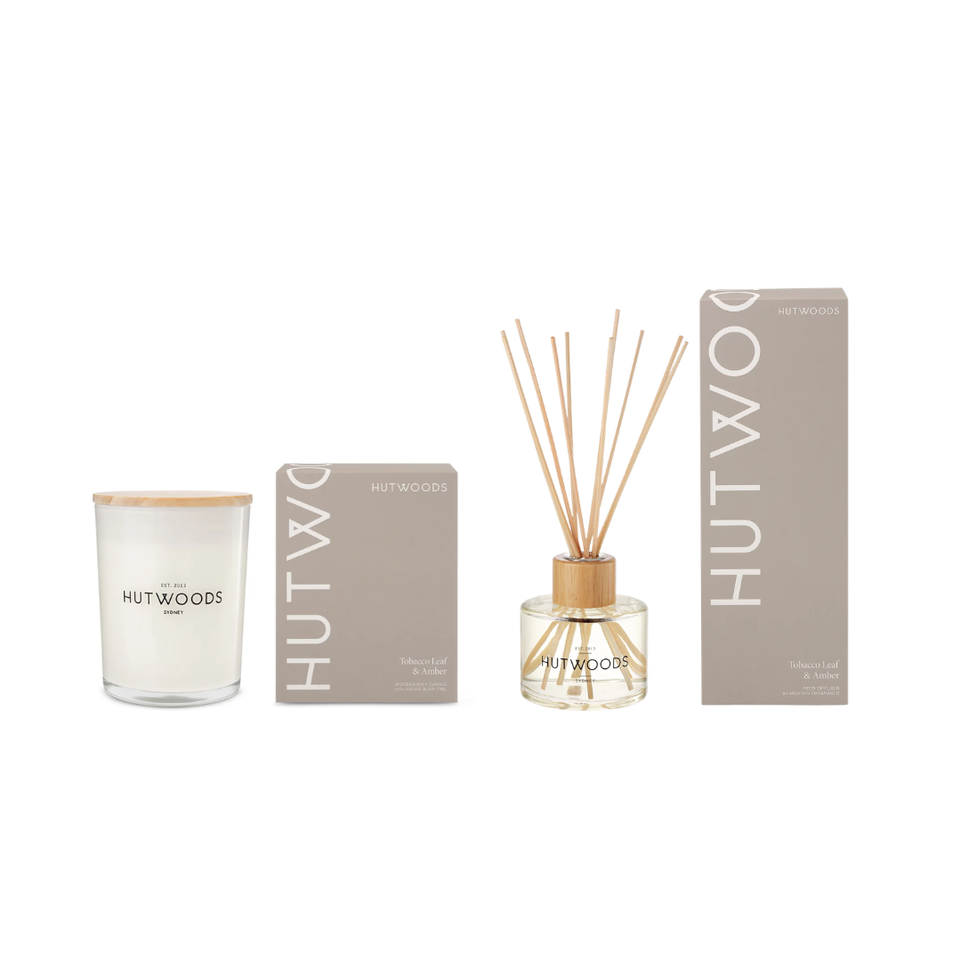 Hutwoods Tobacco Leaf & Amber Large Candle 500g & Reed Diffuser 200mL Bundle