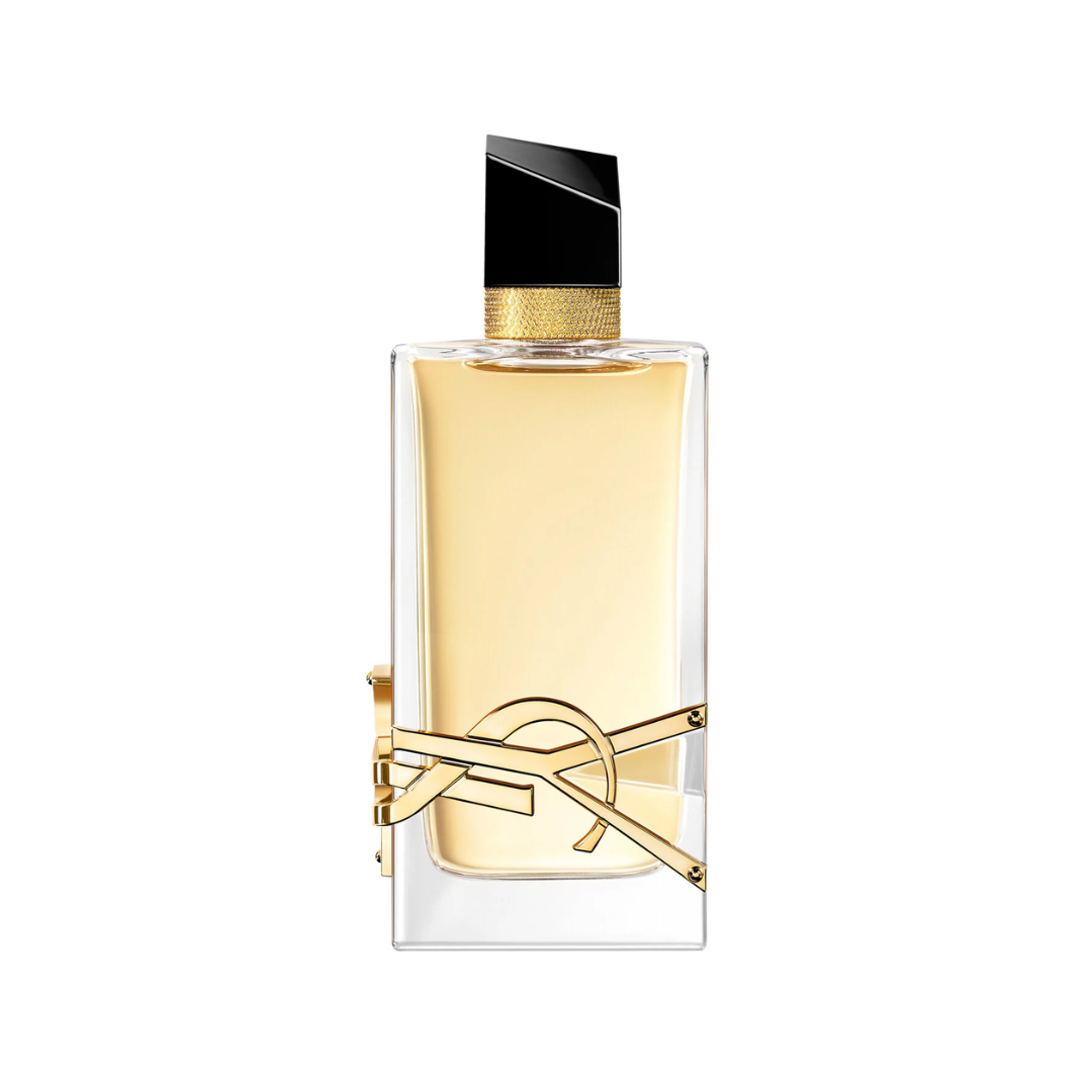 Perfume bottle with gold cap and clear body on a white background