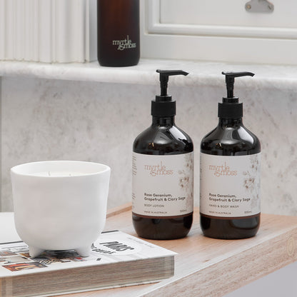 Myrtle & Moss Hand & Body Wash Rose Geranium, Grapefruit & Clary Sage 500mL