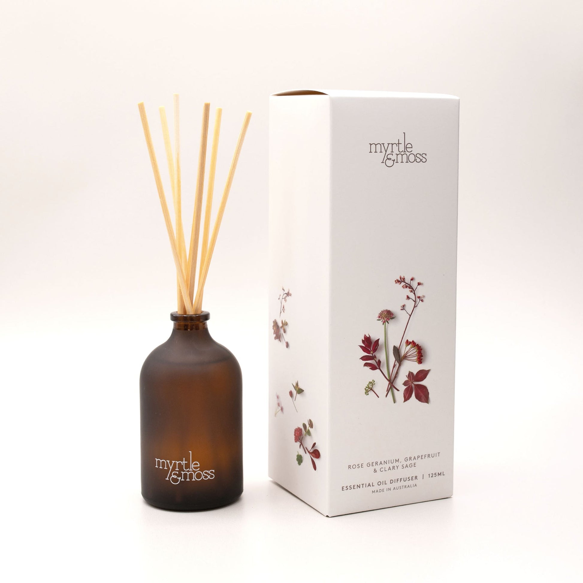 Myrtle & Moss Rose Geranium diffuser with botanical presentation box
