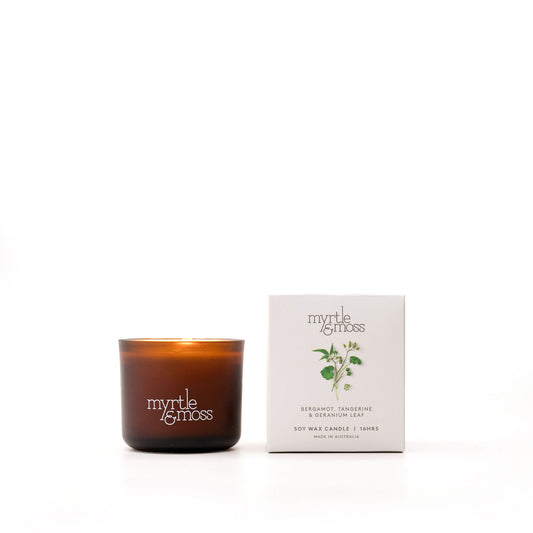 Myrtle & Moss Signature Soy Wax Candle Bergamot Rind, Tangerine & Geranium Leaf 16-Hour - The Perfume Company