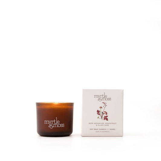 Myrtle & Moss Signature Soy Wax Candle Rose Geranium, Grapefruit & Clary Sage 16-Hour - The Perfume Company