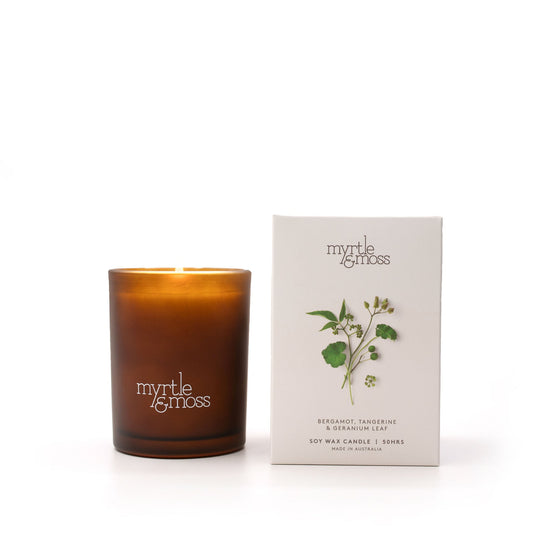 Myrtle & Moss Signature Soy Wax Candle Bergamot Rind, Tangerine & Geranium Leaf 50-Hour - The Perfume Company