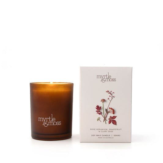 Myrtle & Moss Signature Soy Wax Candle Rose Geranium, Grapefruit & Clary Sage 50-Hour - The Perfume Company