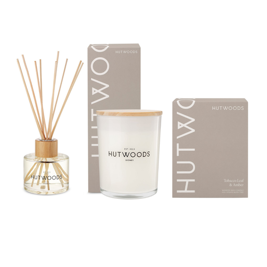 Hutwoods Tobacco Leaf & Amber Large Candle 500g & Reed Diffuser 200mL Bundle - The Perfume Company