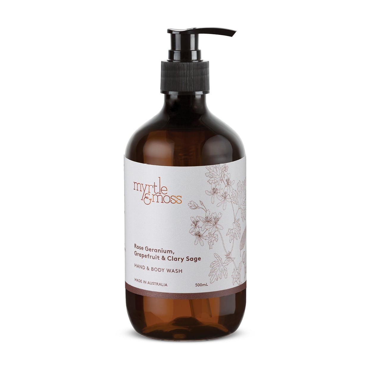 Myrtle & Moss Hand & Body Wash Rose Geranium, Grapefruit & Clary Sage 500mL