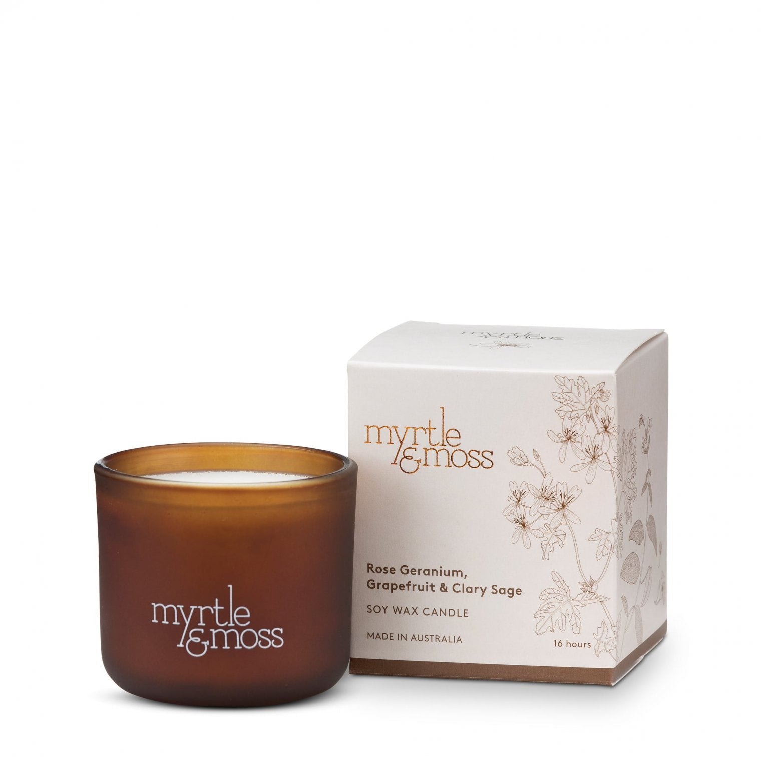 Myrtle & Moss Soy Wax Candle Rose Geranium, Grapefruit & Clary Sage (16 Hours)