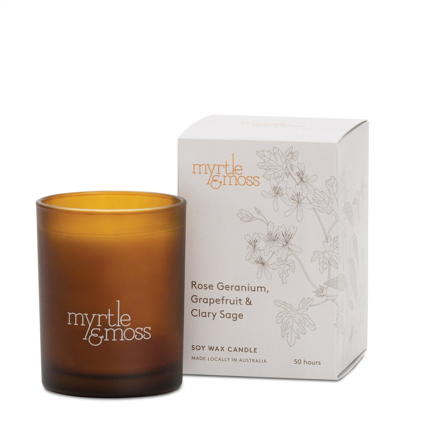 Myrtle & Moss Soy Wax Candle Rose Geranium, Grapefruit & Clary Sage (50 Hours)