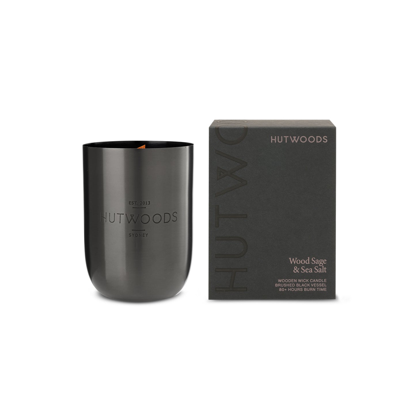 Hutwoods Wood Sage & Sea Salt Matte Black Vessel Candle 375g 80+ Hours Burn Time - The Perfume Company