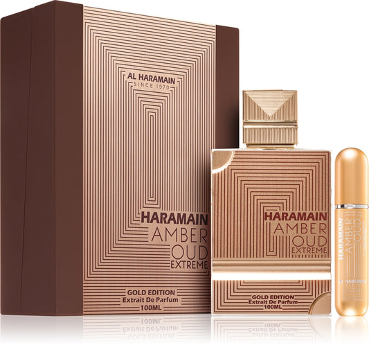 Al Haramain Amber Oud Gold Edition Extreme Gift Set 100mL and refillable spray