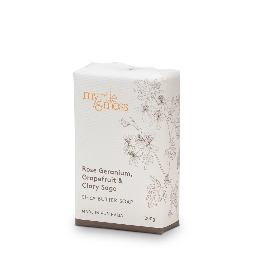 Myrtle & Moss Shea Butter Soap Rose Geranium, Grapefruit & Clary Sage 200g
