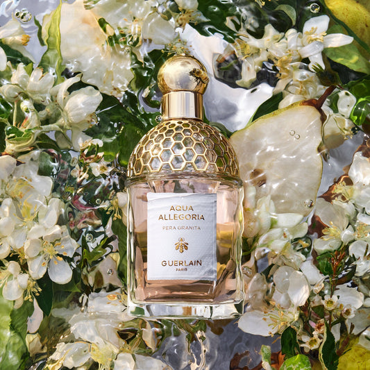 Guerlain Aqua Allegoria Pera Granita styled with pear and white blossoms