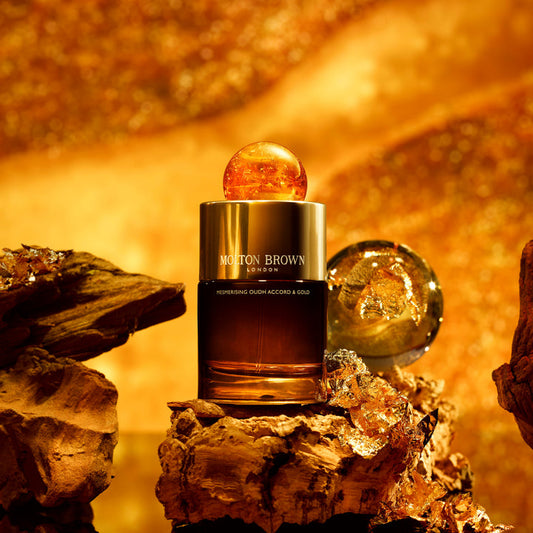 Molton Brown Mesmerising Oudh Accord & Gold Eau de Parfum styled campaign image