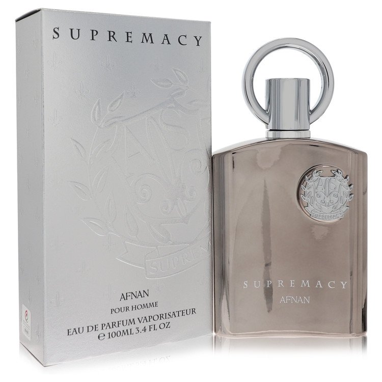 Afnan Supremacy Silver Eau de Parfum Woody Floral Musk 100mL bottle and box