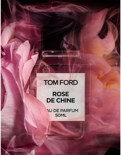 Tom Ford Rose de Chine Eau de Parfum styled with rose petals
